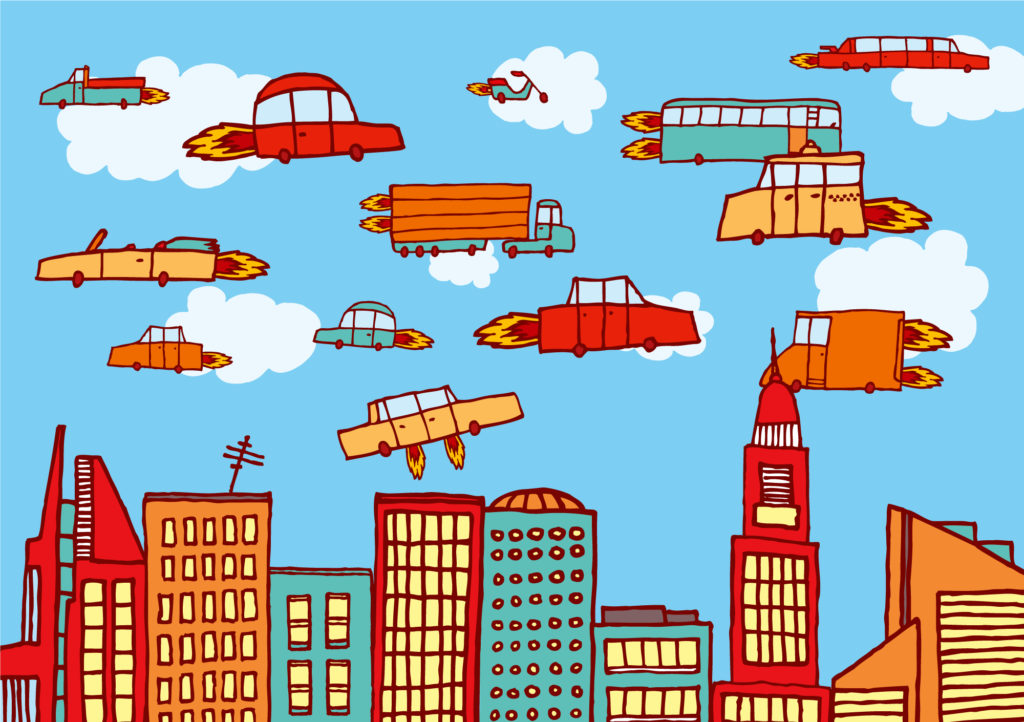 Illustration von fliegenden Autos über einer Großstadt